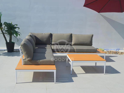 L Shaped Outdoor Furniture Aluminum Frame With PVC Wood Sofa Set